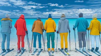 Funny illustration of a group of people on skis, skiers with no visible face, wearing colored ski outfit, ready to race on the snow in winter but it is summer and they are on a beach, at the sea