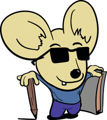 A cute long-eared mouse in sunglasses stands with his hand on a large pencil. The character's second hand supports the notebook or book in a vertical position.