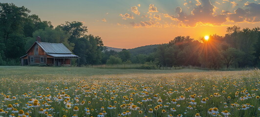 Large expanse meadow field with display in the distance a cozy cabin and yellow sunset skies with clouds