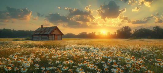Garden poster Meadow, Swamp Large expanse meadow field with display in the distance a cozy cabin and yellow sunset skies with clouds