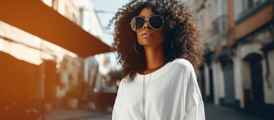 An African American woman wearing trendy sunglasses and a white shirt is captured in a vertical outdoors shot on the street.