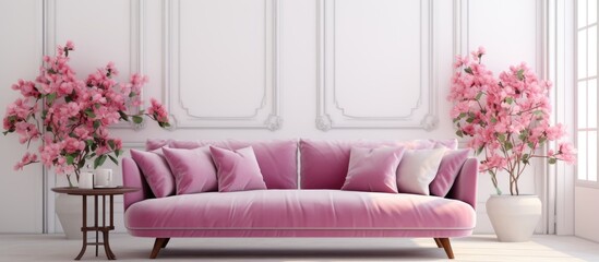 A modern minimalist living room features a pink couch resting beside a coffee table adorned with a vase of hydrangea flowers. The setting is against a white wall, embodying a spacious classic style.
