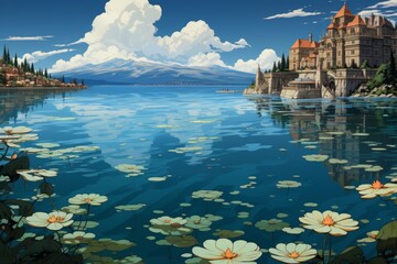 A peaceful village rests on the shores of a serene lake, with a majestic castle perched on a hilltop overlooking the tranquil waters and snow-capped mountains beyond. - Powered by Adobe