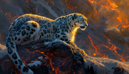 A snow leopard perches on a snowy outcrop, with a dramatic backdrop of glowing lava