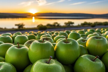 A close-up of a bountiful harvest of crisp, green apples at sunset with a lake in the background. Isolated on a white background and ready for your marketing campaign.
