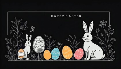 Happy easter poster banner, minimal line drawing illustration concept with a black background created with generative ai - obrazy, fototapety, plakaty