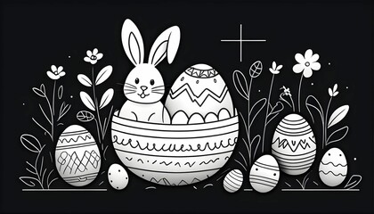 Happy easter poster banner, minimal line drawing illustration concept with a black background created with generative ai - obrazy, fototapety, plakaty
