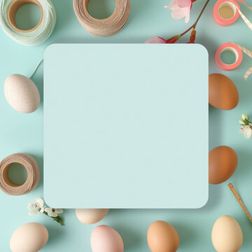 A monochromatic pastel background dominates the picture with enough space for your own text. On the edge are Easter decorations with flower motifs and eggs, creating a atmosphere of the spring holiday