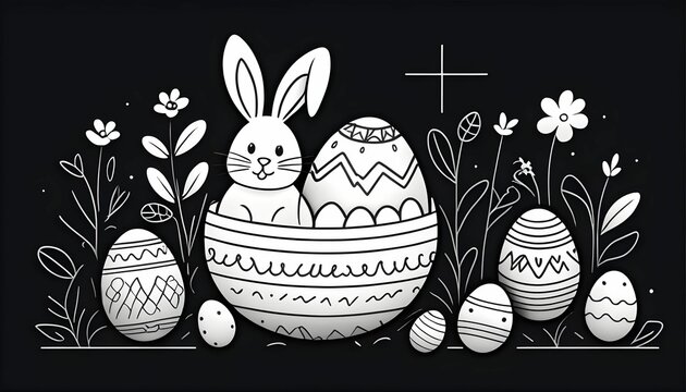 Happy easter poster banner, minimal line drawing illustration concept with a black background created with generative ai