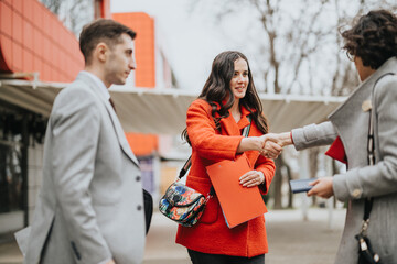Two business associates shaking hands outside with a third person witnessing the engagement,...