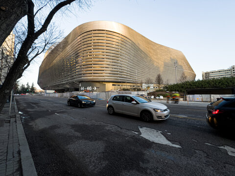 Madrid, Spain - February 1, 2024: Exterior of the Santiago Bernabeu, football stadium of Real Madrid, during renovation works.