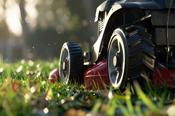 A lawn mower cutting through dewy grass in the morning light.