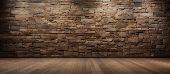 A room with a bare brick wall and a polished wooden floor. The space is devoid of furniture or decoration, providing a minimalist and industrial aesthetic.