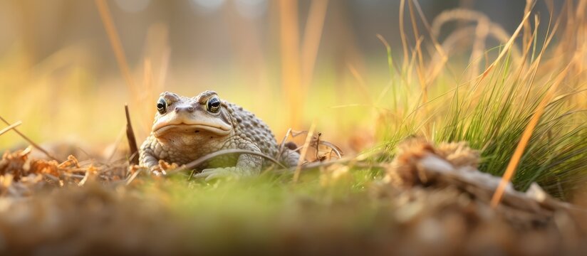 A Common toad, known as Bufo bufo, sits in the grass. The frog is staring directly at the camera, with a blurred grass background.
