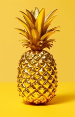a gold pineapple is placed on a yellow background,