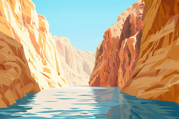 An isolated illustration portraying a 3D representation of a serene canyon, featuring a smoothly flowing river.
