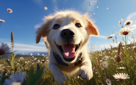 Whimsical wonder: adorable animation brings to life a cute and funny golden retriever puppy in a charming cartoon adventure full of playful antics and heartwarming moments.
