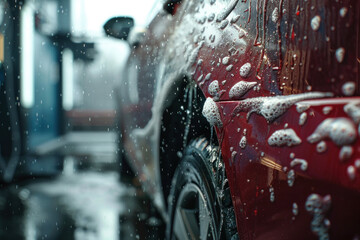 Close-up of a car being washed, with water and foam beading on the burgundy surface.
