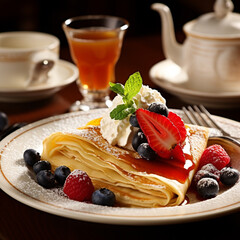 Images showcasing classic crepes with fruits paired with a complementary beverage like tea or coffee, emphasizing the harmonious pairing of flavors. 