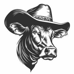 cow head wearing a cowboy hat isolated on a white background
