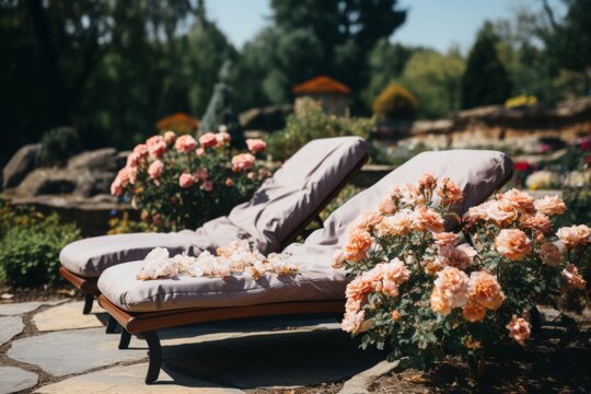 Two gray chaise lounge chairs with pink roses on the cushions sit by the swimming pool, surrounded by a lush garden with pink rose bushes and green trees.