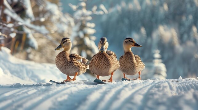 Three female ducks skiing on the snow in a beautiful winter nature landscape, fun imaginary shot of duck skiers, lovely amusing illustration evoking wild animals on a holiday trip on ski resort