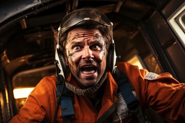 The pilots eyes are wide with fear as he grips the controls of his out-of-control fighter jet. His helmet is smudged with dirt and blood, and his flight suit is torn and tattered.