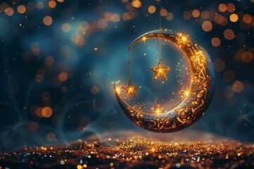 Ramadan illustration, festive Muslim Islamic bright crescent moon on bokeh background