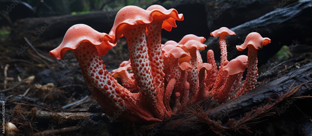 Poster clusters of vibrant red mushrooms sprout from a terrestrial plants branch, creating an artistic disp