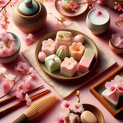 Obraz na płótnie Canvas きれいな桜と美味しそうでかわいい 和風スイーツやドリンクの写真 