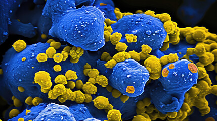 Microscopic view of cells in blue with yellow structures possibly depicting a scientific image of cellular interaction or infection