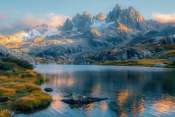 Serene Alpine Lake at Sunrise with Majestic Snow-Capped Mountain Peaks and Warm Glowing Light