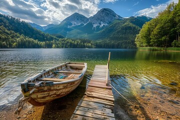 Obraz premium Serene Lake Scenery with Wooden Boat and Pier Against Majestic Mountain Background Under Clear Sky