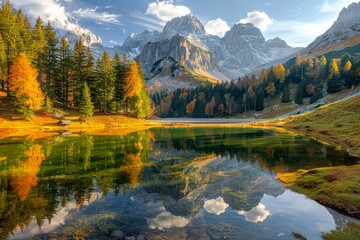 Fototapeta premium Scenic Autumn Reflection of Majestic Mountains and Colorful Trees in Tranquil Lake - Picturesque Nature Landscape
