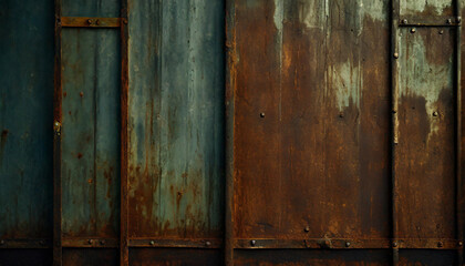Old rusty wall, metal, iron, screws, straight lines, protruding, blue, wallpaper, texture