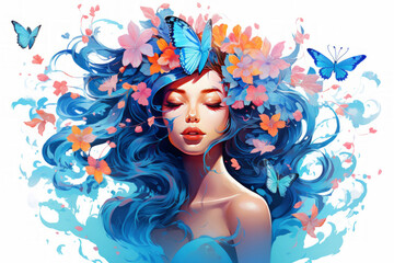 
Acrylic illustration of beautiful girl with blue hair, covered with flowers,  in romantic style.  Concept of spring, beauty, femininity.