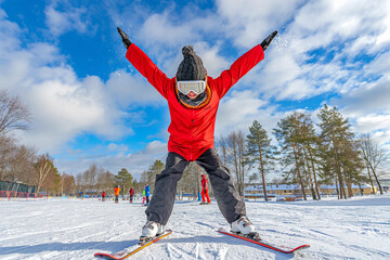 Funny illustration of a child on skis with ski goggles, raising arms up, maybe afraid to fall, feeling incomfortable, first time skiing, flapping arms to keep balance, it is not as easy as it looks