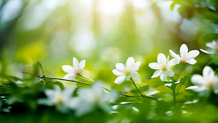 Nature Background Spring: A cluster of white flowers is scattered across the lush green grass in a...