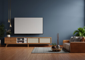Blue wall mounted tv on cabinet in living room with leather sofa and decor accessories,minimal design