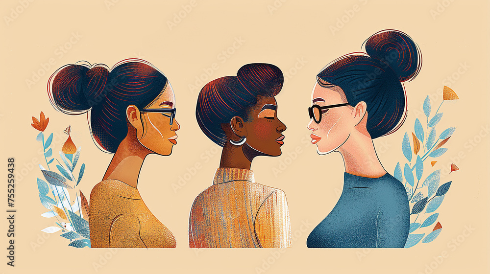 Wall mural a vibrant illustration showcasing diverse, powerful women in a modern style with a chocolate brown, 