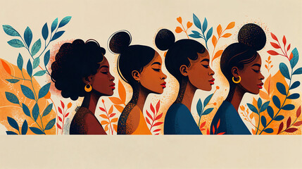 A vibrant illustration showcasing diverse, powerful women in a modern style with a  chocolate...