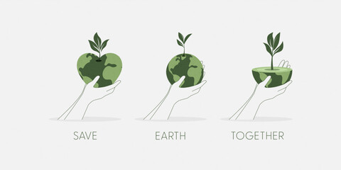 Set of Hands holding a green globe, earth. Earth Day concept. Sustainable ecology and environment conservation concept design. Vector illustration.