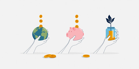 Saving money. Gold coins falling to Piggy bank, Globe and A Jar. Money creative business concept.  Vector illustration.