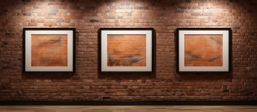 A new brick wall in a modern interior decoration setting, featuring three large frames displaying beautiful design. The framed pictures add character and style to the empty room.