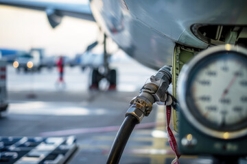 Close-up View of Aircraft Being Refueled at Airport, Gauge in Foreground - obrazy, fototapety, plakaty