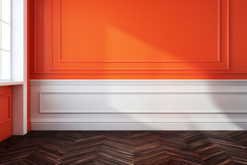 Vibrant Empty Room with Herringbone Floor and Red Walls Illuminated by Sunlight. Banner with copy space