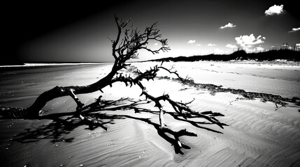 Monochrome image of a barren tree fallen on a sandy beach with distinct shadows and dramatic clouds in the sky
