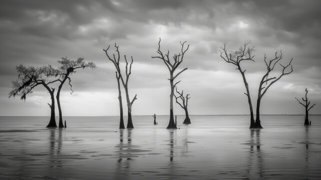 Silhouetted dead trees stand in still water under a cloudy sky conveying a serene yet melancholic atmosphere