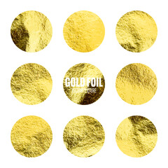 Gold foil, shiny handmade circles. Golden glittering texture, pattern. Luxury shining hand drawn background. Wedding, greeting card decoration elements. Modern minimalist art. Vector illustration