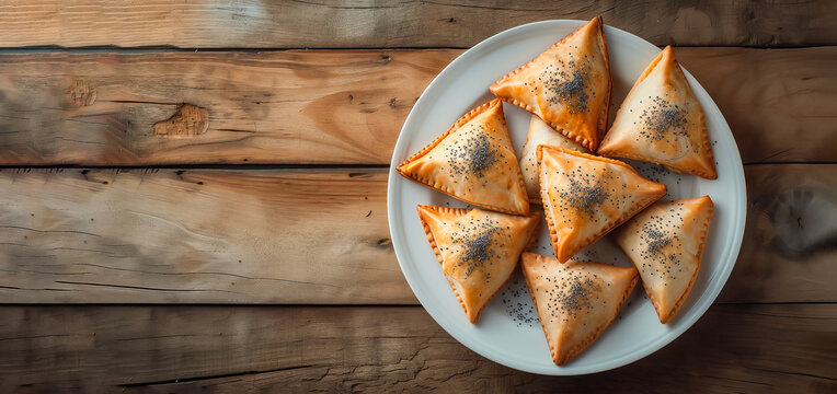 Banner Top View Triangular Hamantaschen With Poppy Seed Filling On White Plate On Wooden Table, Copy Space For Text. Traditional Jewish Pastry. Ai Generated. Purim Holiday. Horizontal.